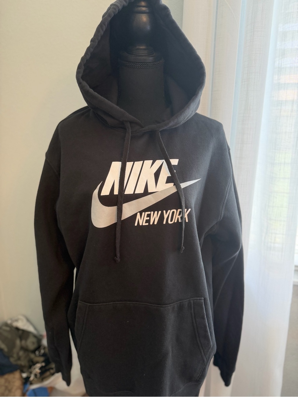 Nike Black Hoodie with White Nike Swoosh and New York Text